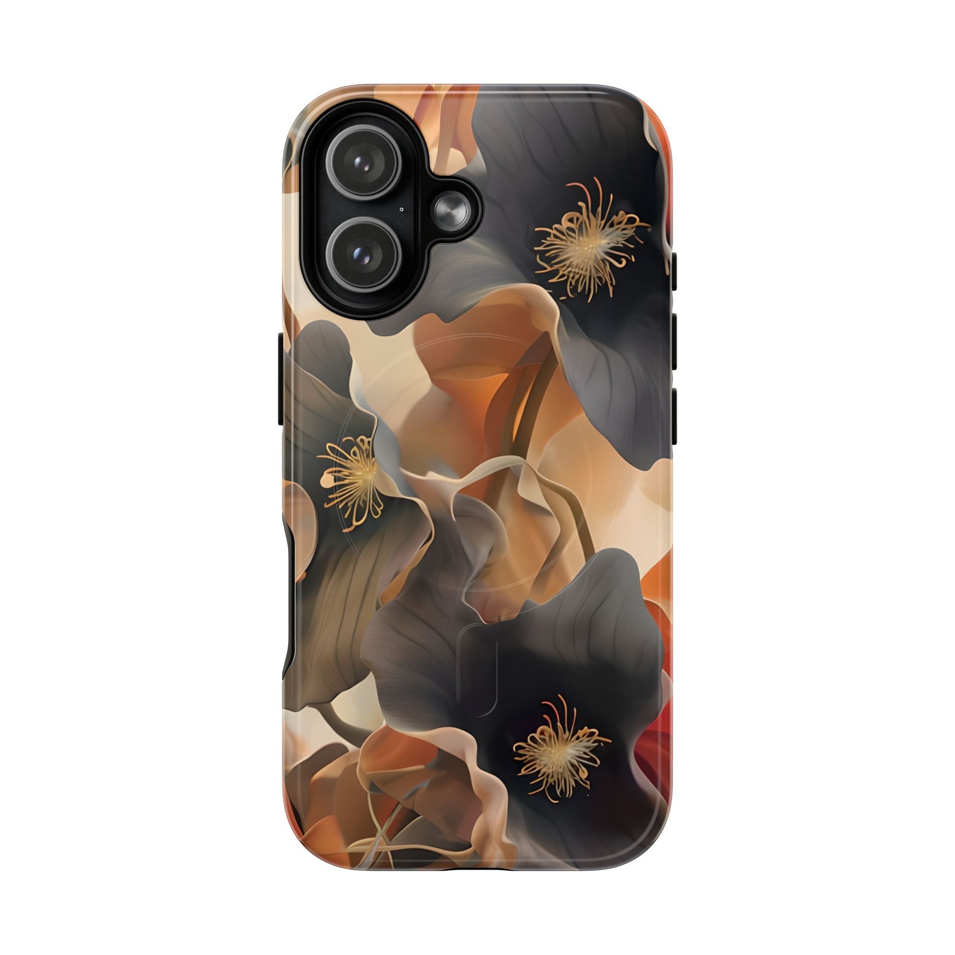 Autumn Ember iPhone 17 MagSafe case featuring soft floral shapes in warm fall tones of orange, brown, and charcoal with an elegant abstract style.