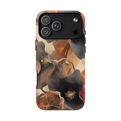 Autumn Ember iPhone 17 Pro Max MagSafe case featuring soft floral shapes in warm fall tones of orange, brown, and charcoal with an elegant abstract style.
