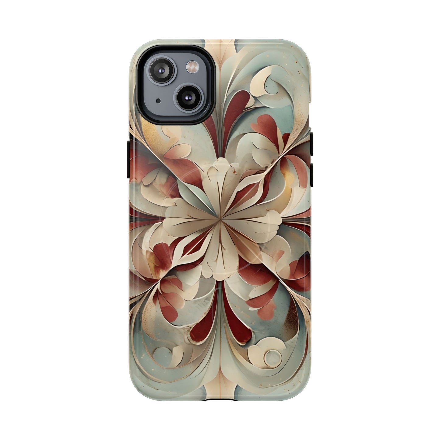 Vintage Baroque Blossom iPhone 14 Plus MagSafe case featuring ornate baroque floral scrollwork in soft cream, sage, and deep red with layered ornamental design.