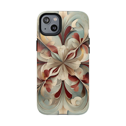 Vintage Baroque Blossom iPhone 14 Plus MagSafe case featuring ornate baroque floral scrollwork in soft cream, sage, and deep red with layered ornamental design.