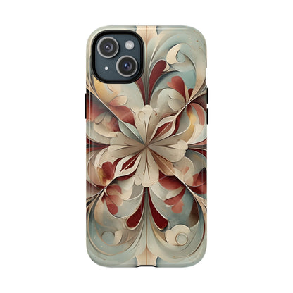 Vintage Baroque Blossom iPhone 15 Plus MagSafe case featuring ornate baroque floral scrollwork in soft cream, sage, and deep red with layered ornamental design.