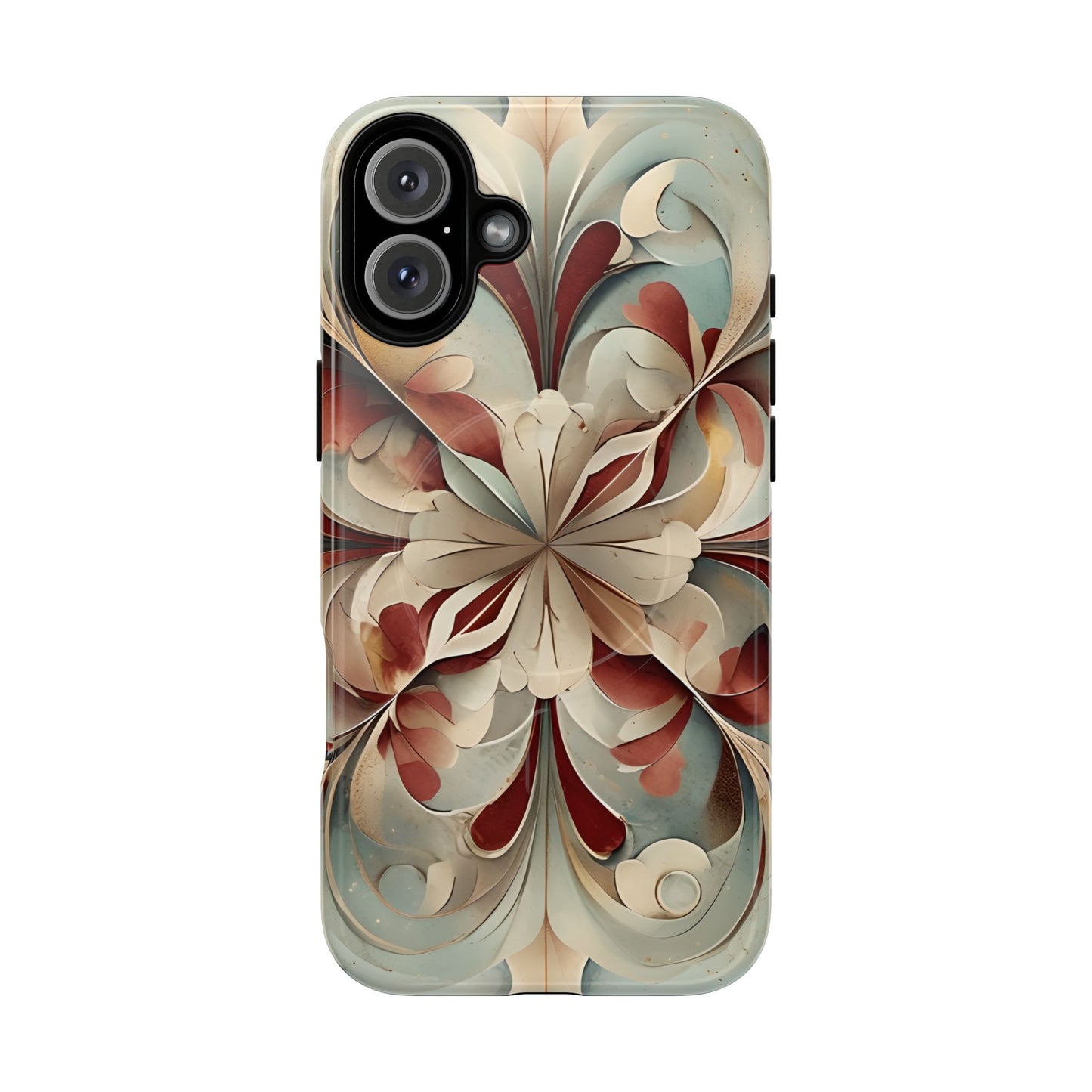 Vintage Baroque Blossom iPhone 16 Plus MagSafe case featuring ornate baroque floral scrollwork in soft cream, sage, and deep red with layered ornamental design.