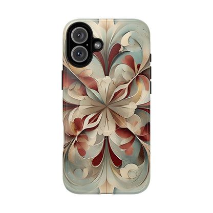 Vintage Baroque Blossom iPhone 16 Plus MagSafe case featuring ornate baroque floral scrollwork in soft cream, sage, and deep red with layered ornamental design.