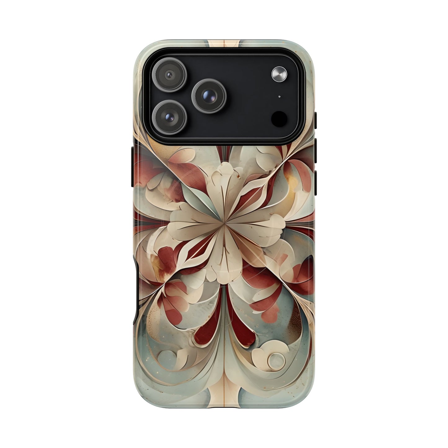 Vintage Baroque Blossom iPhone 17 Pro Max MagSafe case featuring ornate baroque floral scrollwork in soft cream, sage, and deep red with layered ornamental design.