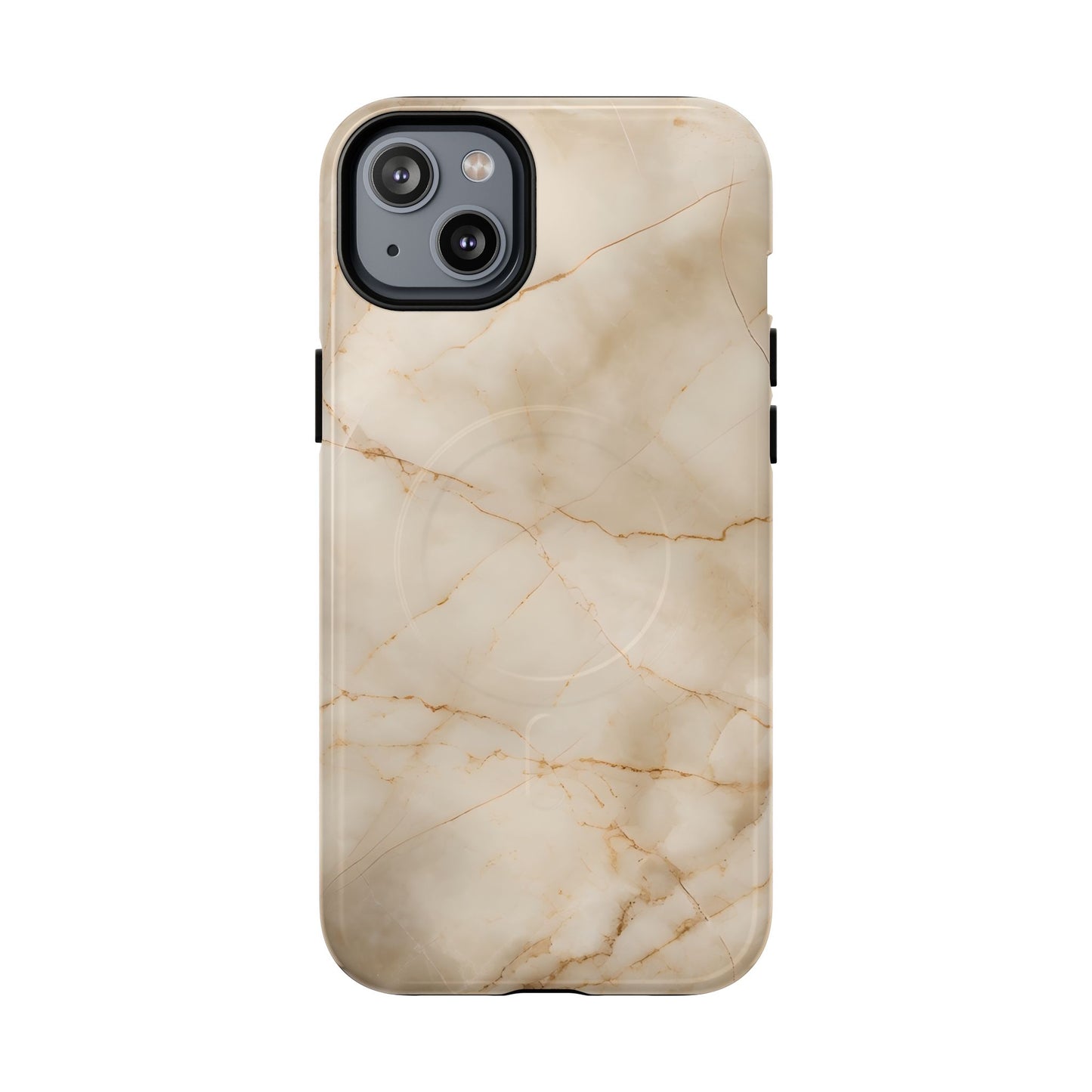 Parchment Mist beige marble iPhone 14 Plus MagSafe case featuring soft parchment stone texture with subtle golden veining in a minimalist neutral design.