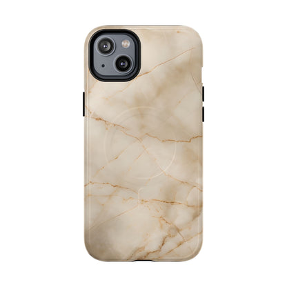 Parchment Mist beige marble iPhone 14 Plus MagSafe case featuring soft parchment stone texture with subtle golden veining in a minimalist neutral design.