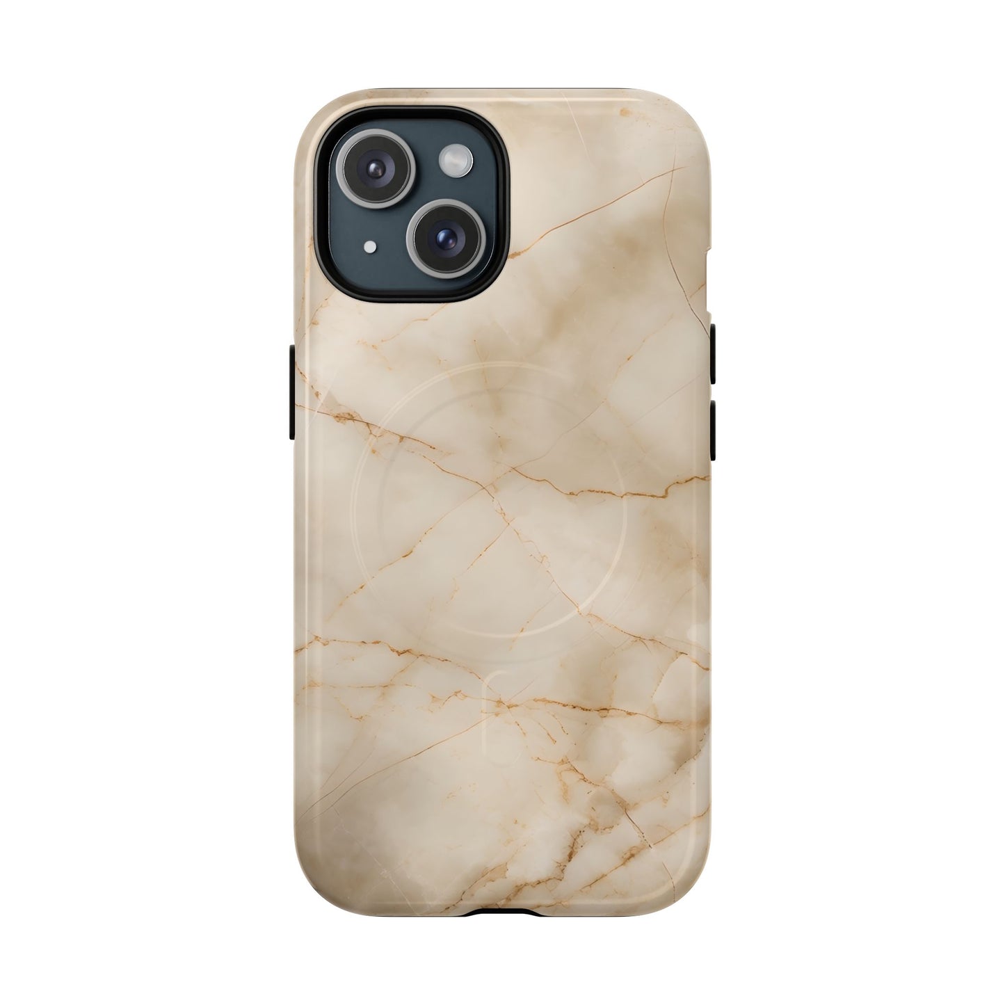 Parchment Mist beige marble iPhone 15 MagSafe case featuring soft parchment stone texture with subtle golden veining in a minimalist neutral design.