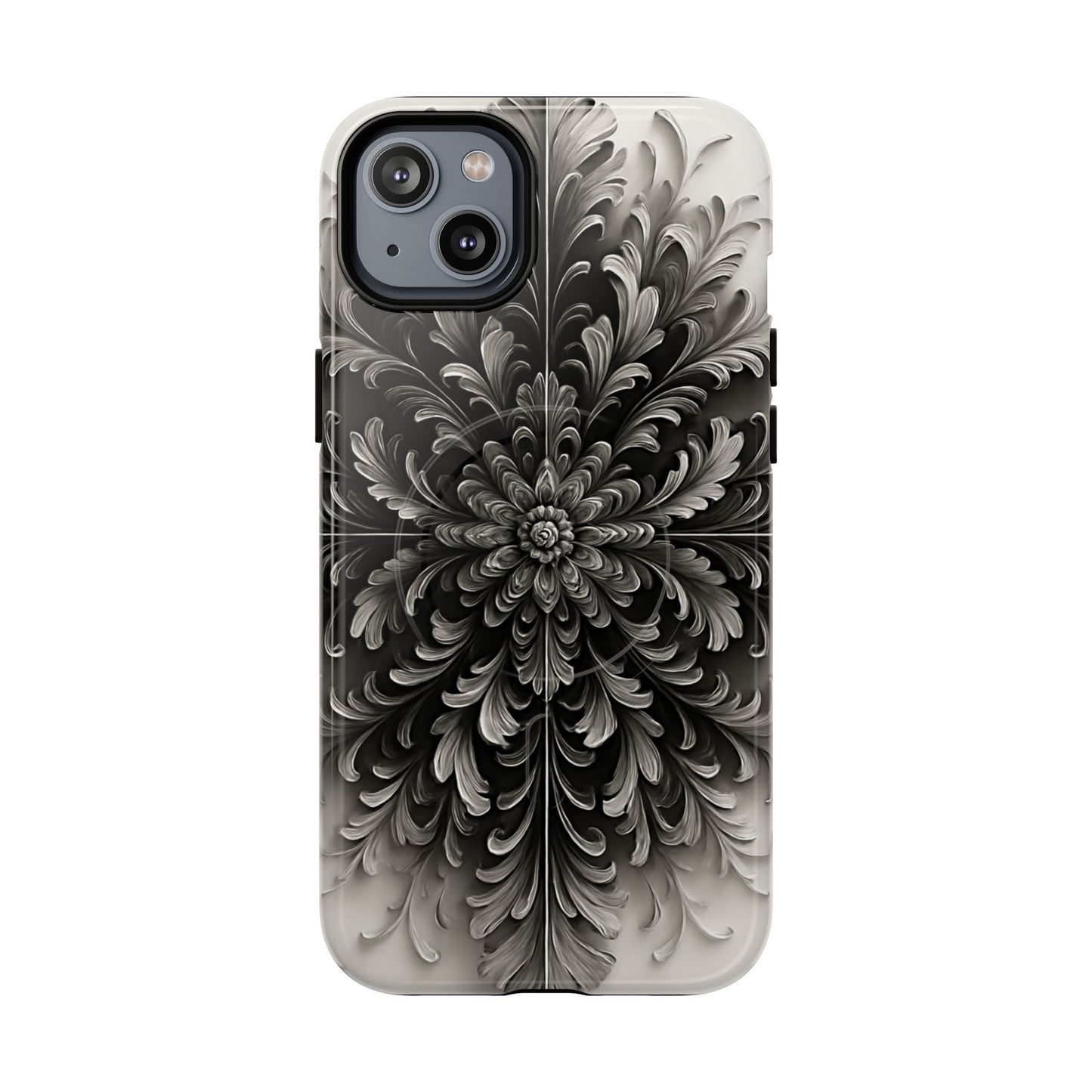 Obsidian Bloom black floral iPhone 14 Plus MagSafe case featuring a dramatic monochrome botanical flower pattern in deep black and silver tones.