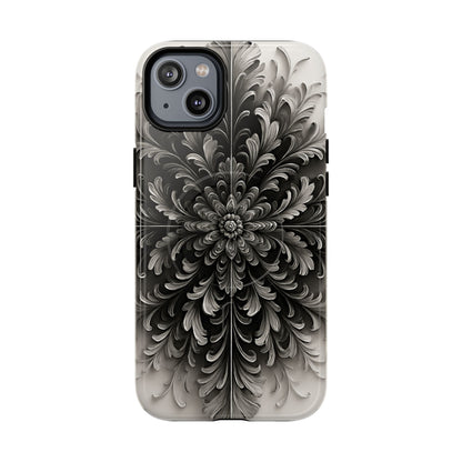 Obsidian Bloom black floral iPhone 14 Plus MagSafe case featuring a dramatic monochrome botanical flower pattern in deep black and silver tones.