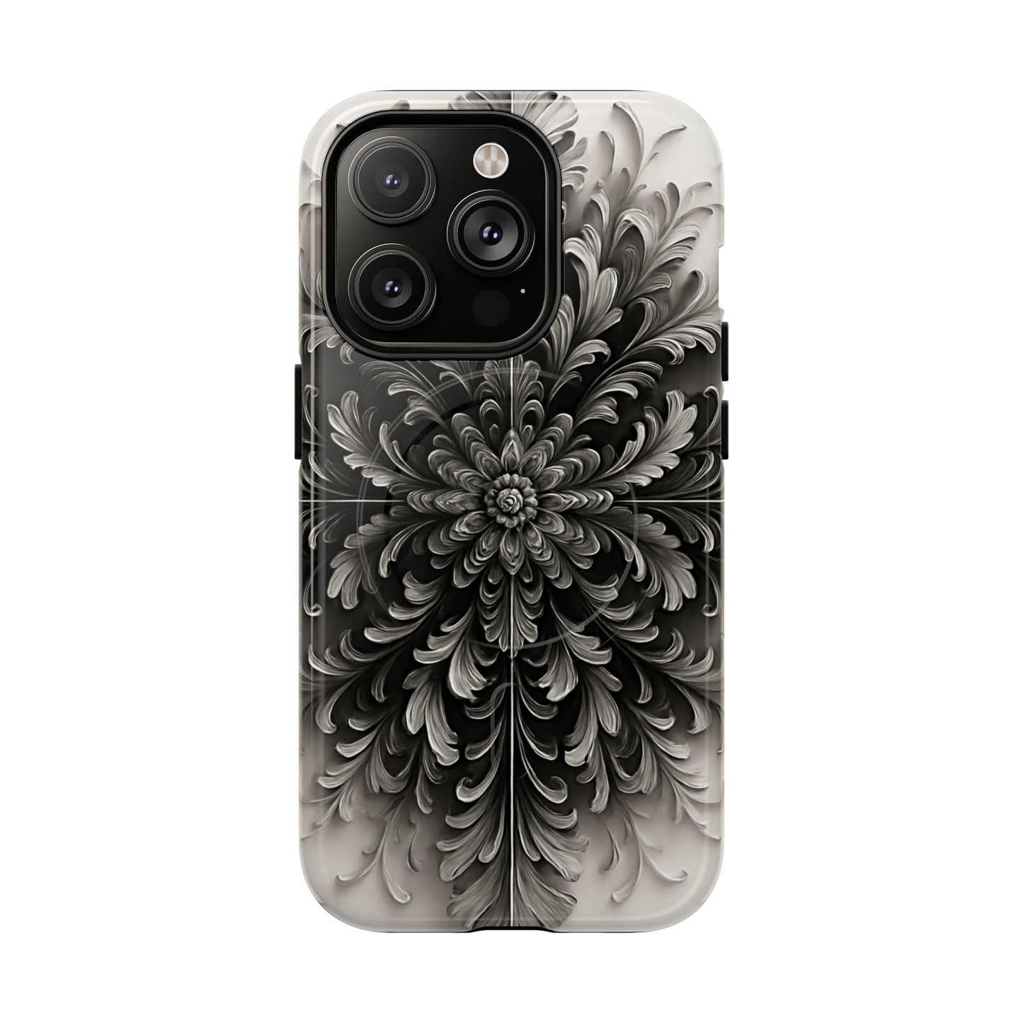 Obsidian Bloom black floral iPhone 14 Pro MagSafe case featuring a dramatic monochrome botanical flower pattern in deep black and silver tones.