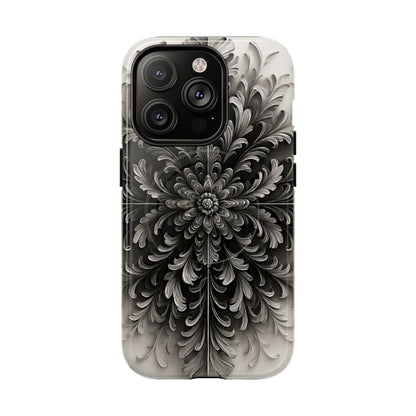 Obsidian Bloom black floral iPhone 14 Pro MagSafe case featuring a dramatic monochrome botanical flower pattern in deep black and silver tones.