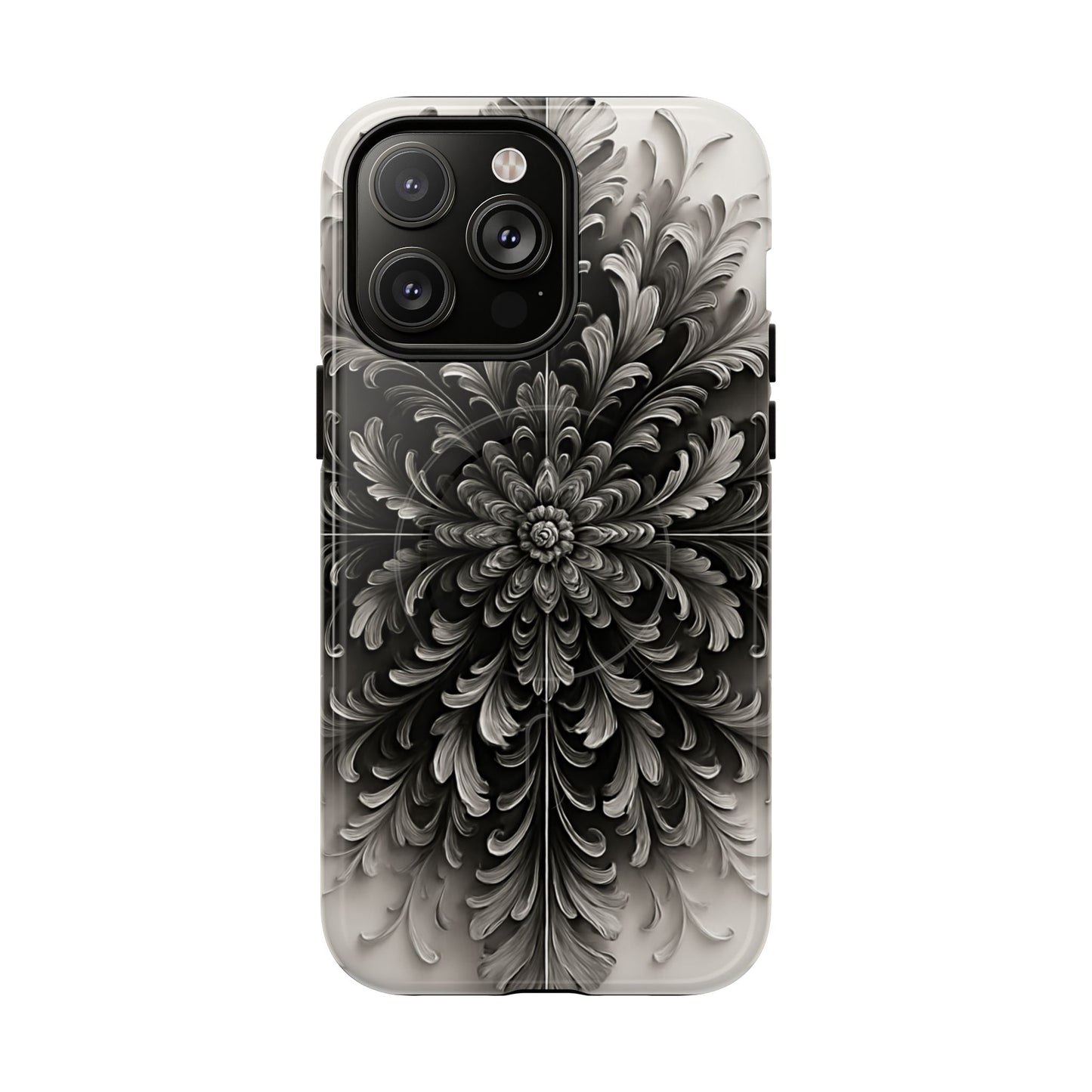 Obsidian Bloom black floral iPhone 14 Pro Max MagSafe case featuring a dramatic monochrome botanical flower pattern in deep black and silver tones.