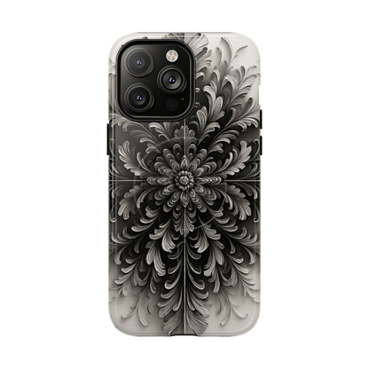 Obsidian Bloom black floral iPhone 14 Pro Max MagSafe case featuring a dramatic monochrome botanical flower pattern in deep black and silver tones.