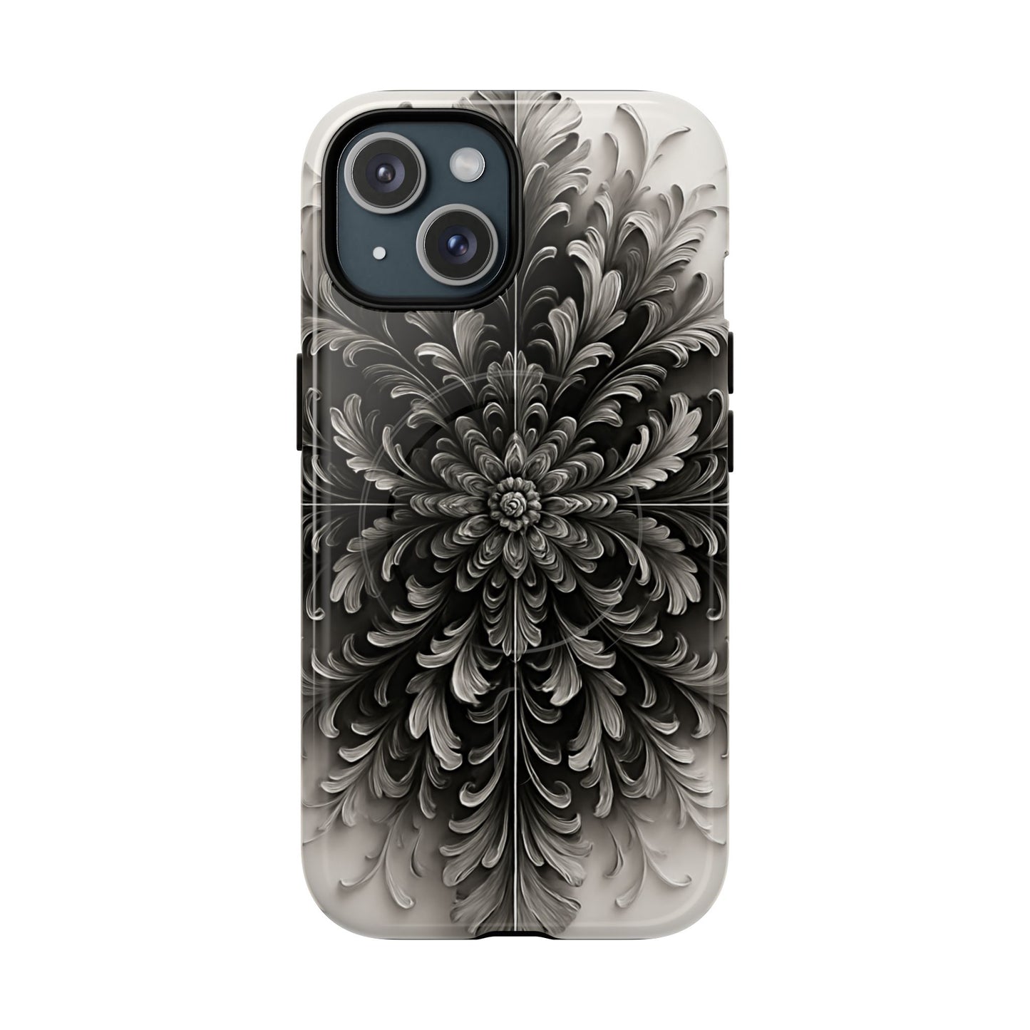 Obsidian Bloom black floral iPhone 15 MagSafe case featuring a dramatic monochrome botanical flower pattern in deep black and silver tones.