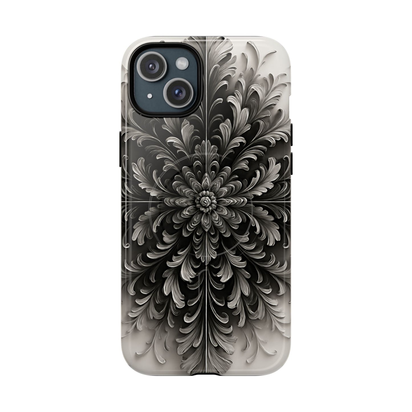 Obsidian Bloom black floral iPhone 15 plus MagSafe case featuring a dramatic monochrome botanical flower pattern in deep black and silver tones.