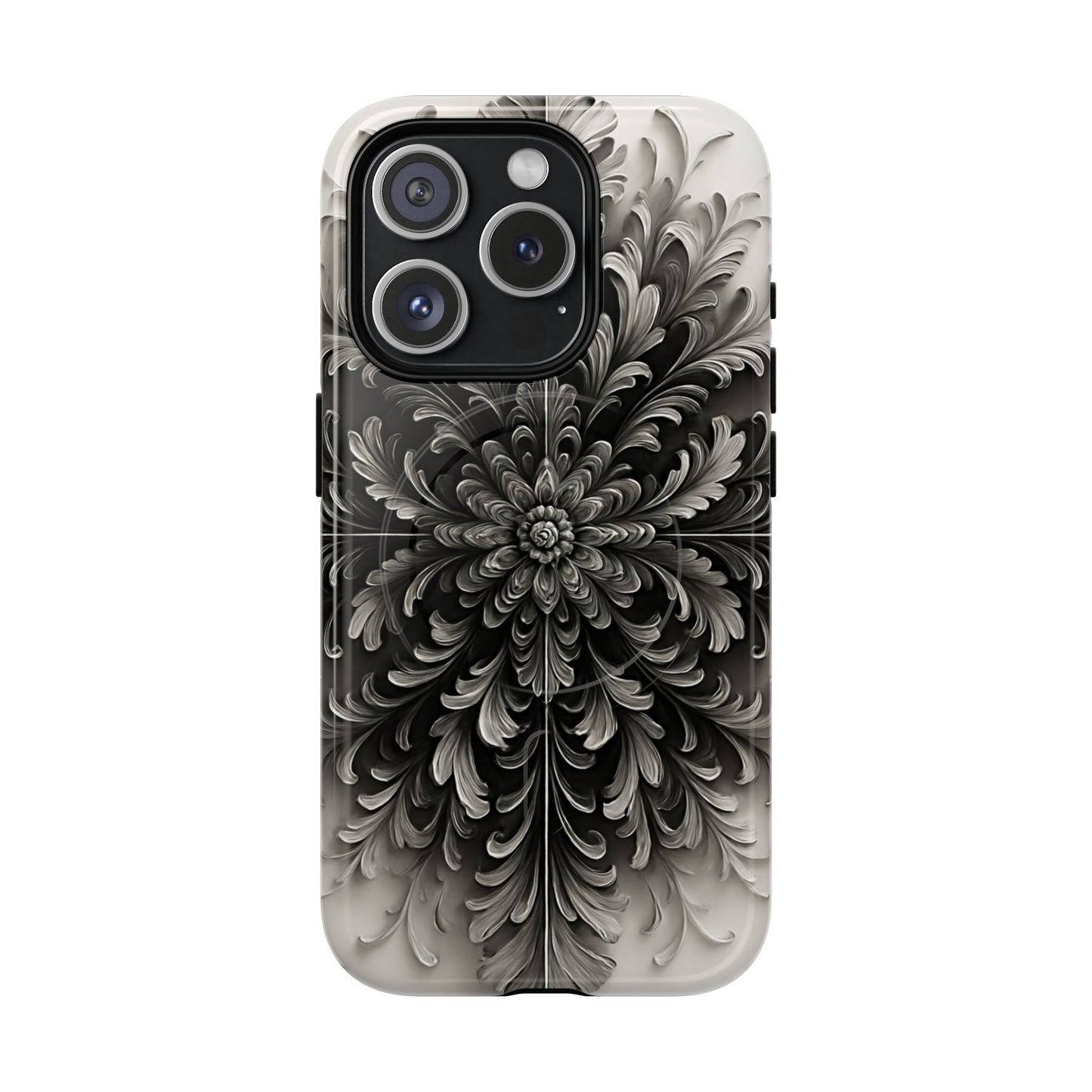 Obsidian Bloom black floral iPhone 15 Pro MagSafe case featuring a dramatic monochrome botanical flower pattern in deep black and silver tones.