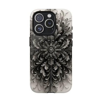 Obsidian Bloom black floral iPhone 15 Pro MagSafe case featuring a dramatic monochrome botanical flower pattern in deep black and silver tones.