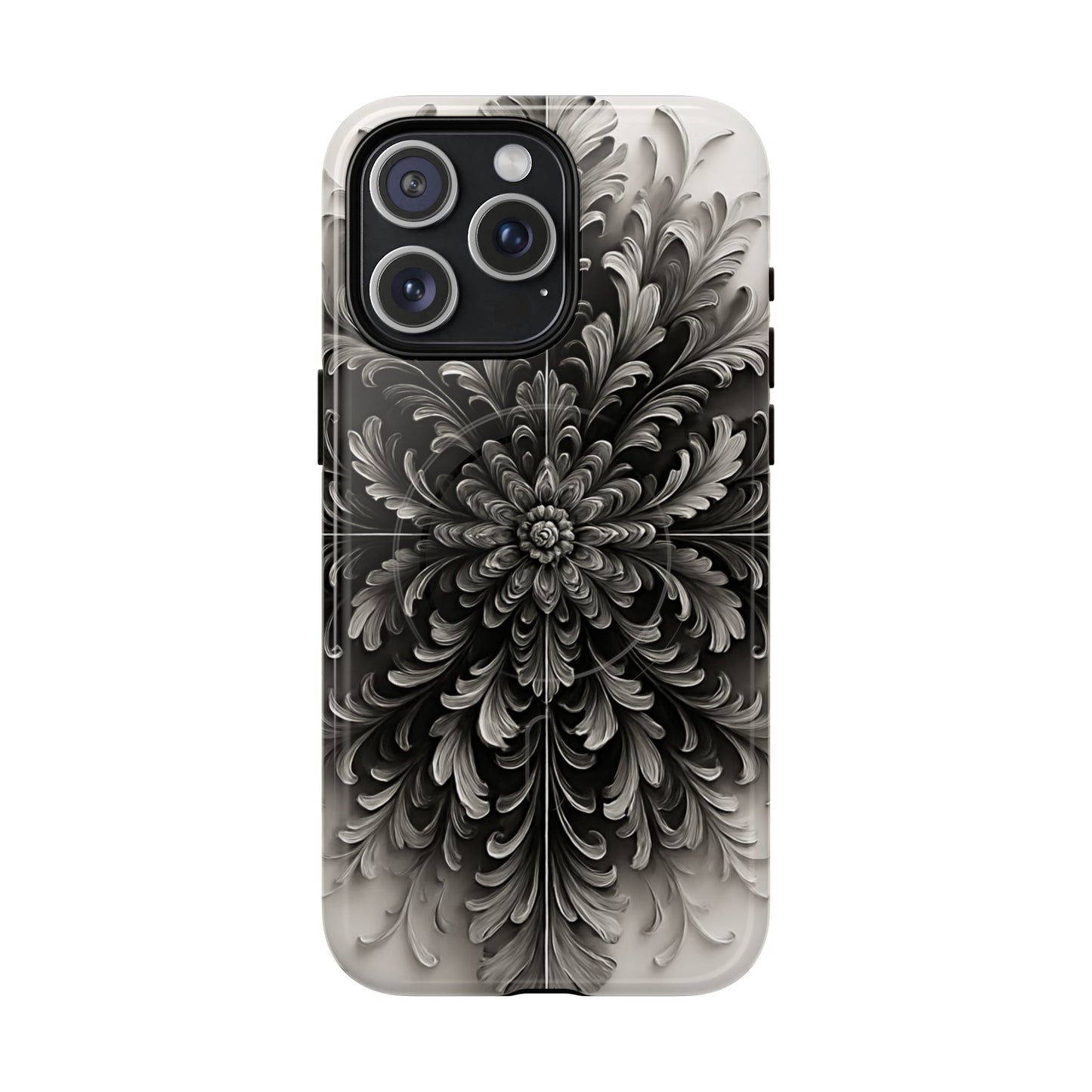 Obsidian Bloom black floral iPhone 15 Pro Max MagSafe case featuring a dramatic monochrome botanical flower pattern in deep black and silver tones.