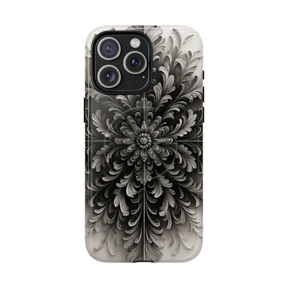 Obsidian Bloom black floral iPhone 15 Pro Max MagSafe case featuring a dramatic monochrome botanical flower pattern in deep black and silver tones.