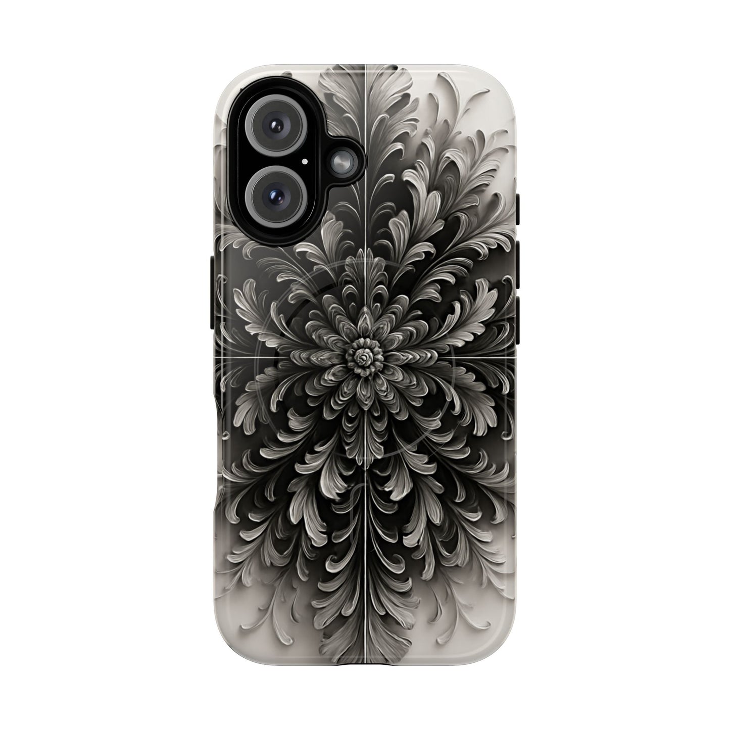 Obsidian Bloom black floral iPhone 16 MagSafe case featuring a dramatic monochrome botanical flower pattern in deep black and silver tones.