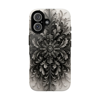 Obsidian Bloom black floral iPhone 16 MagSafe case featuring a dramatic monochrome botanical flower pattern in deep black and silver tones.