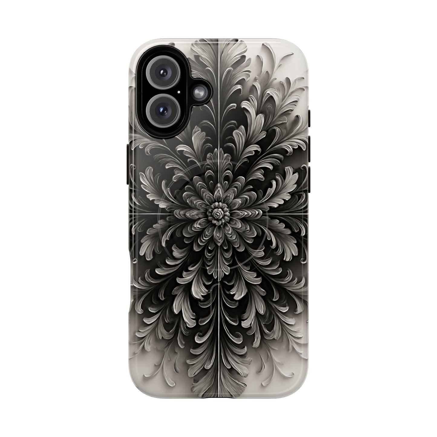 Obsidian Bloom black floral iPhone 16 Plus MagSafe case featuring a dramatic monochrome botanical flower pattern in deep black and silver tones.