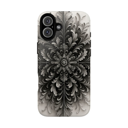 Obsidian Bloom black floral iPhone 16 Plus MagSafe case featuring a dramatic monochrome botanical flower pattern in deep black and silver tones.