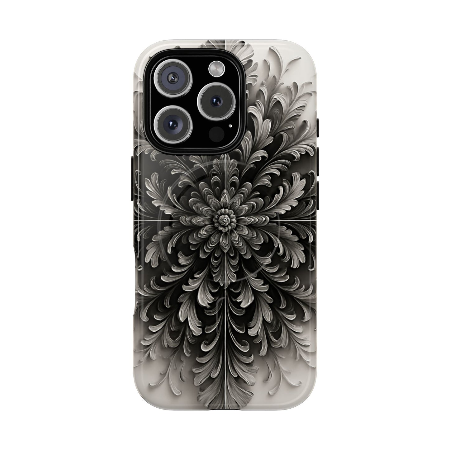Obsidian Bloom black floral iPhone 16 Pro MagSafe case featuring a dramatic monochrome botanical flower pattern in deep black and silver tones.