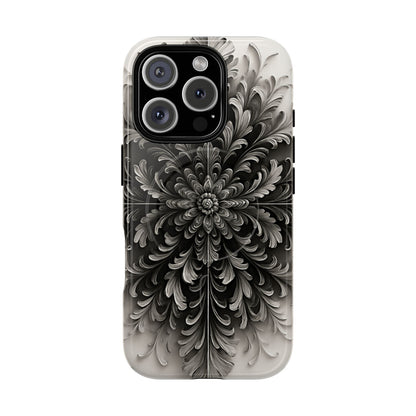 Obsidian Bloom black floral iPhone 16 Pro MagSafe case featuring a dramatic monochrome botanical flower pattern in deep black and silver tones.
