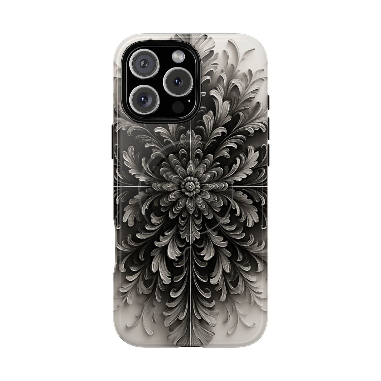 Obsidian Bloom black floral iPhone 16 Pro Max MagSafe case featuring a dramatic monochrome botanical flower pattern in deep black and silver tones.