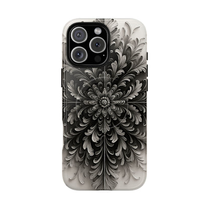 Obsidian Bloom black floral iPhone 16 Pro Max MagSafe case featuring a dramatic monochrome botanical flower pattern in deep black and silver tones.