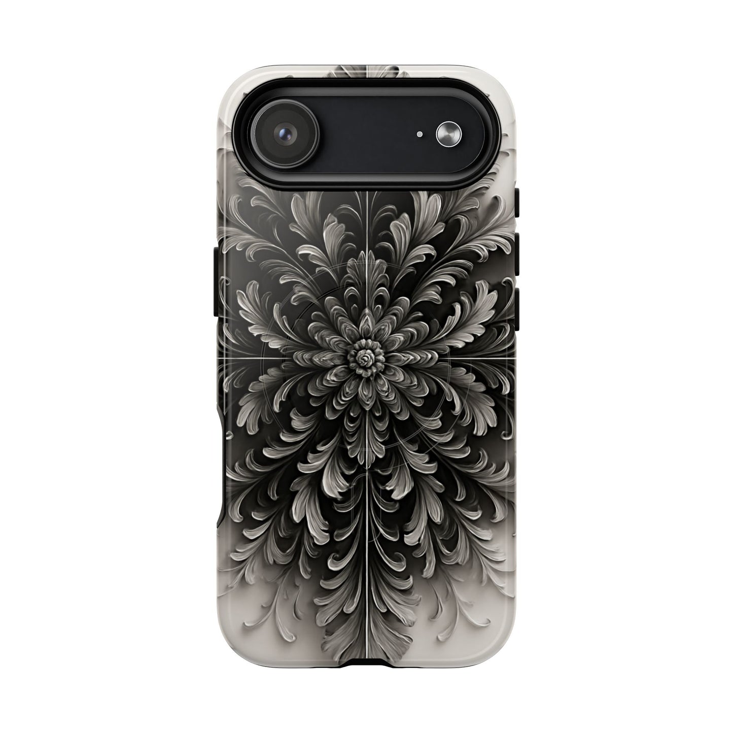 Obsidian Bloom black floral iPhone 17 Air MagSafe case featuring a dramatic monochrome botanical flower pattern in deep black and silver tones.
