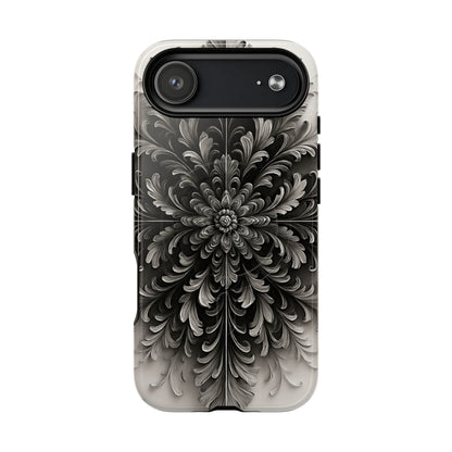 Obsidian Bloom black floral iPhone 17 Air MagSafe case featuring a dramatic monochrome botanical flower pattern in deep black and silver tones.