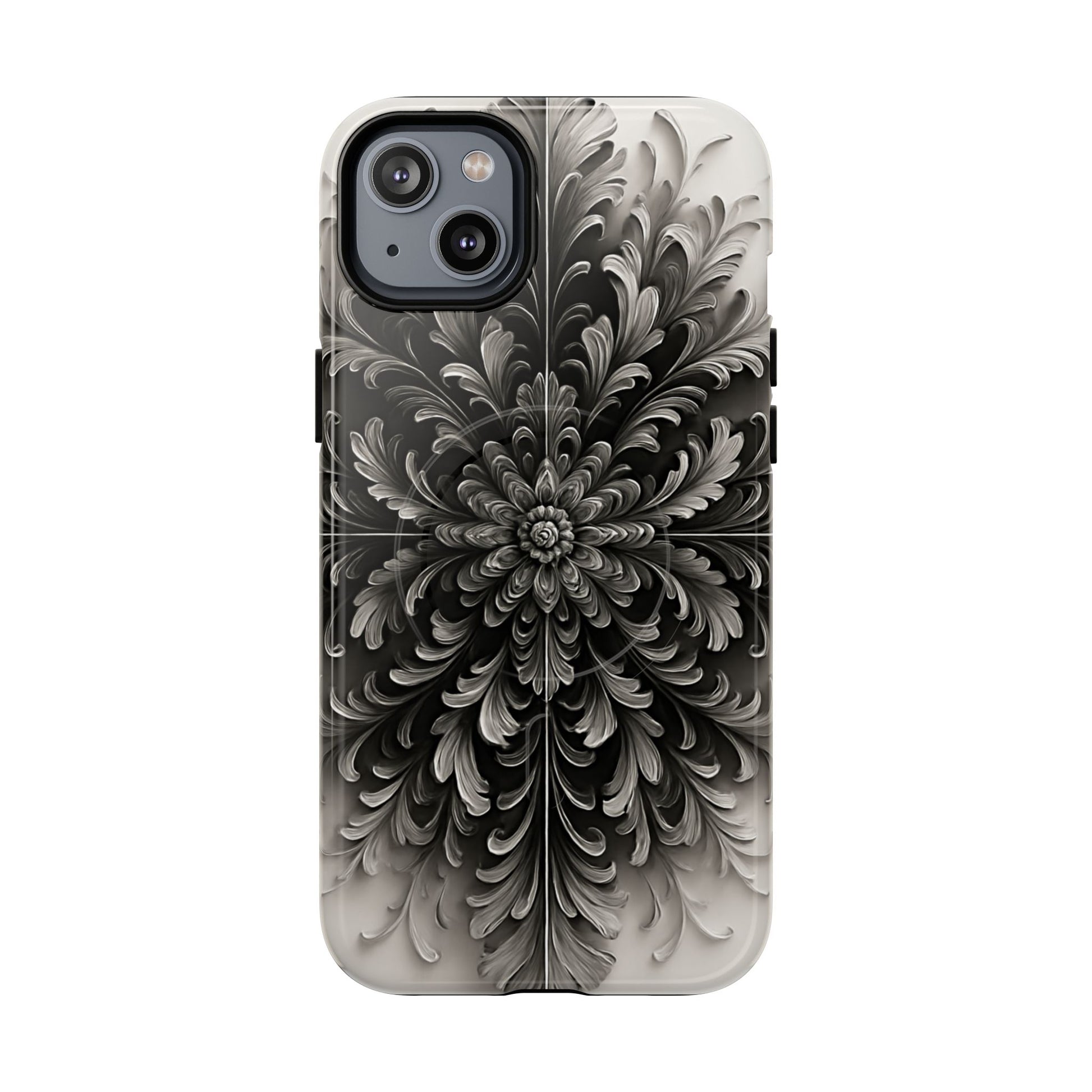 Obsidian Bloom black floral iPhone 17 MagSafe case featuring a dramatic monochrome botanical flower pattern in deep black and silver tones.