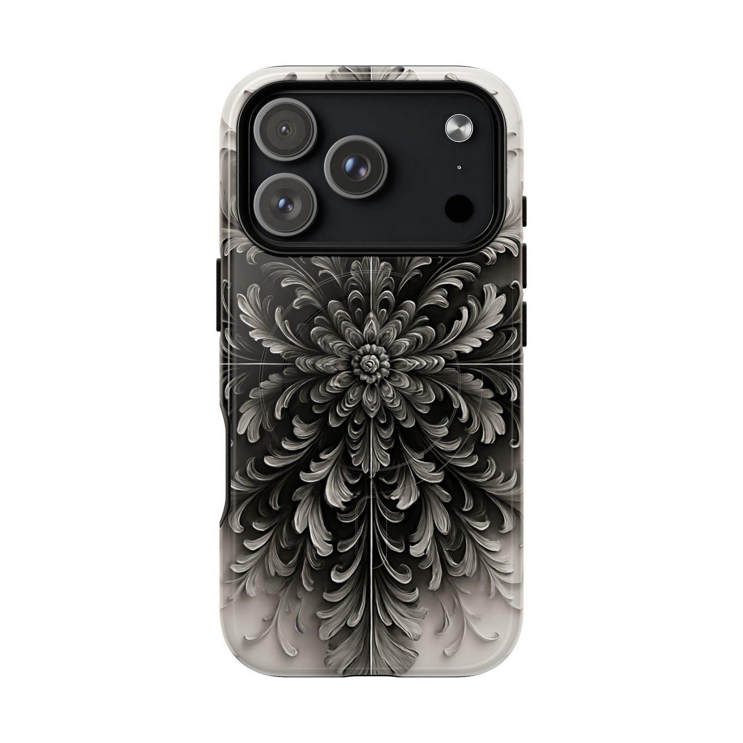 Obsidian Bloom black floral iPhone 17 Pro MagSafe case featuring a dramatic monochrome botanical flower pattern in deep black and silver tones.