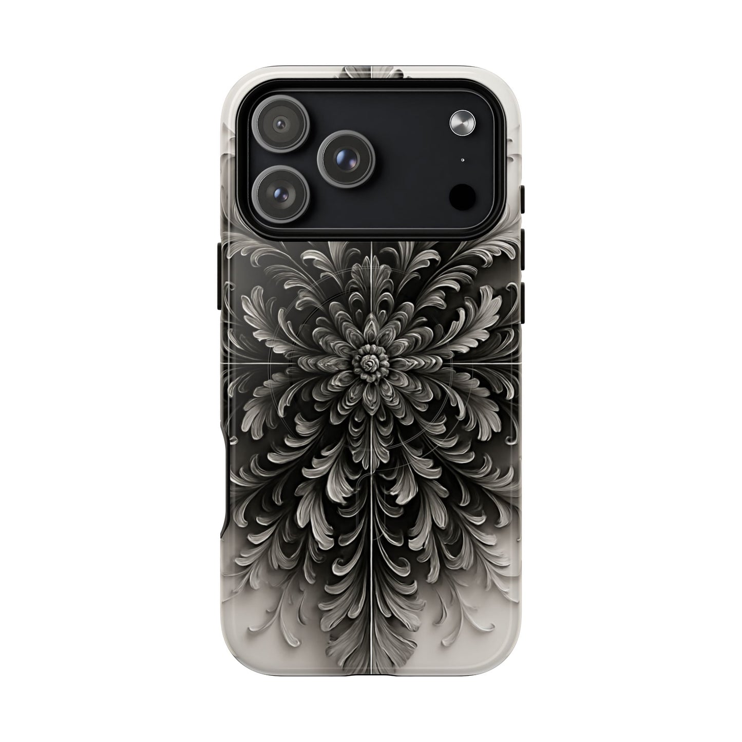 Obsidian Bloom black floral iPhone 17 Pro Max MagSafe case featuring a dramatic monochrome botanical flower pattern in deep black and silver tones.