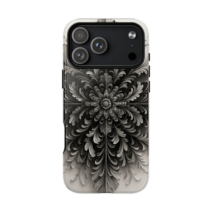 Obsidian Bloom black floral iPhone 17 Pro Max MagSafe case featuring a dramatic monochrome botanical flower pattern in deep black and silver tones.