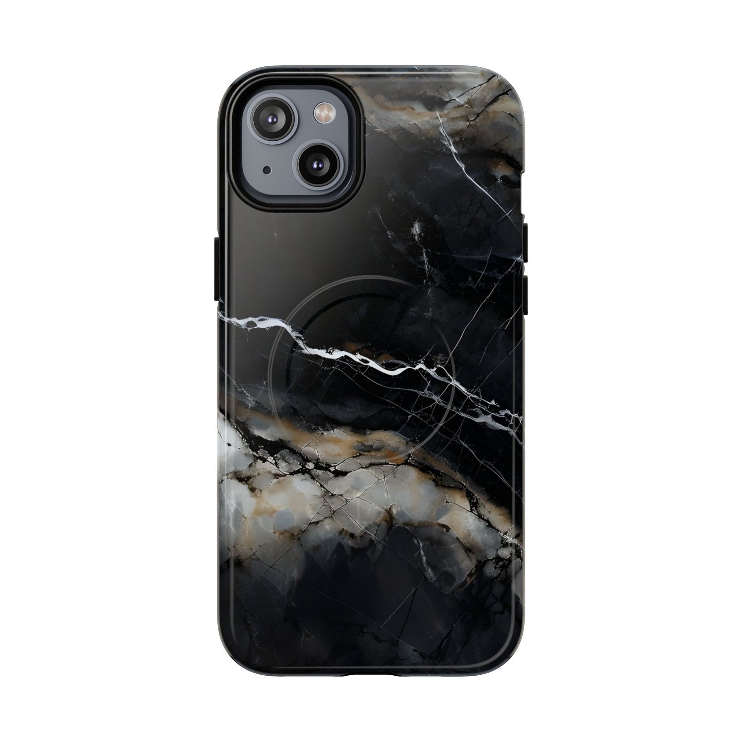 Obsidian Vein black marble iPhone 14 Plus MagSafe case featuring dark stone textures with dramatic gold and white vein accents.
