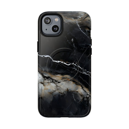 Obsidian Vein black marble iPhone 14 Plus MagSafe case featuring dark stone textures with dramatic gold and white vein accents.