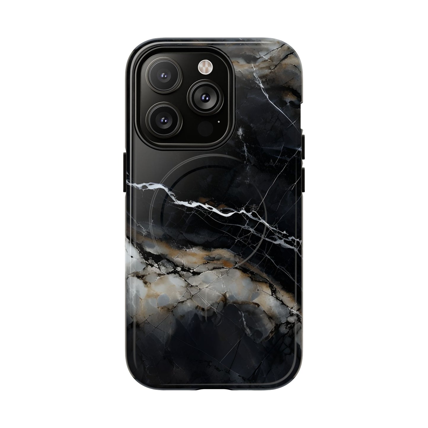 Obsidian Vein black marble iPhone 14 Pro MagSafe case featuring dark stone textures with dramatic gold and white vein accents.