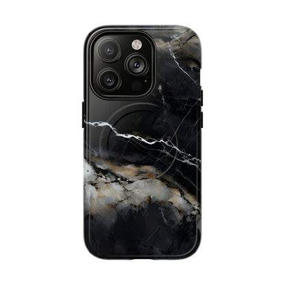 Obsidian Vein black marble iPhone 14 Pro MagSafe case featuring dark stone textures with dramatic gold and white vein accents.