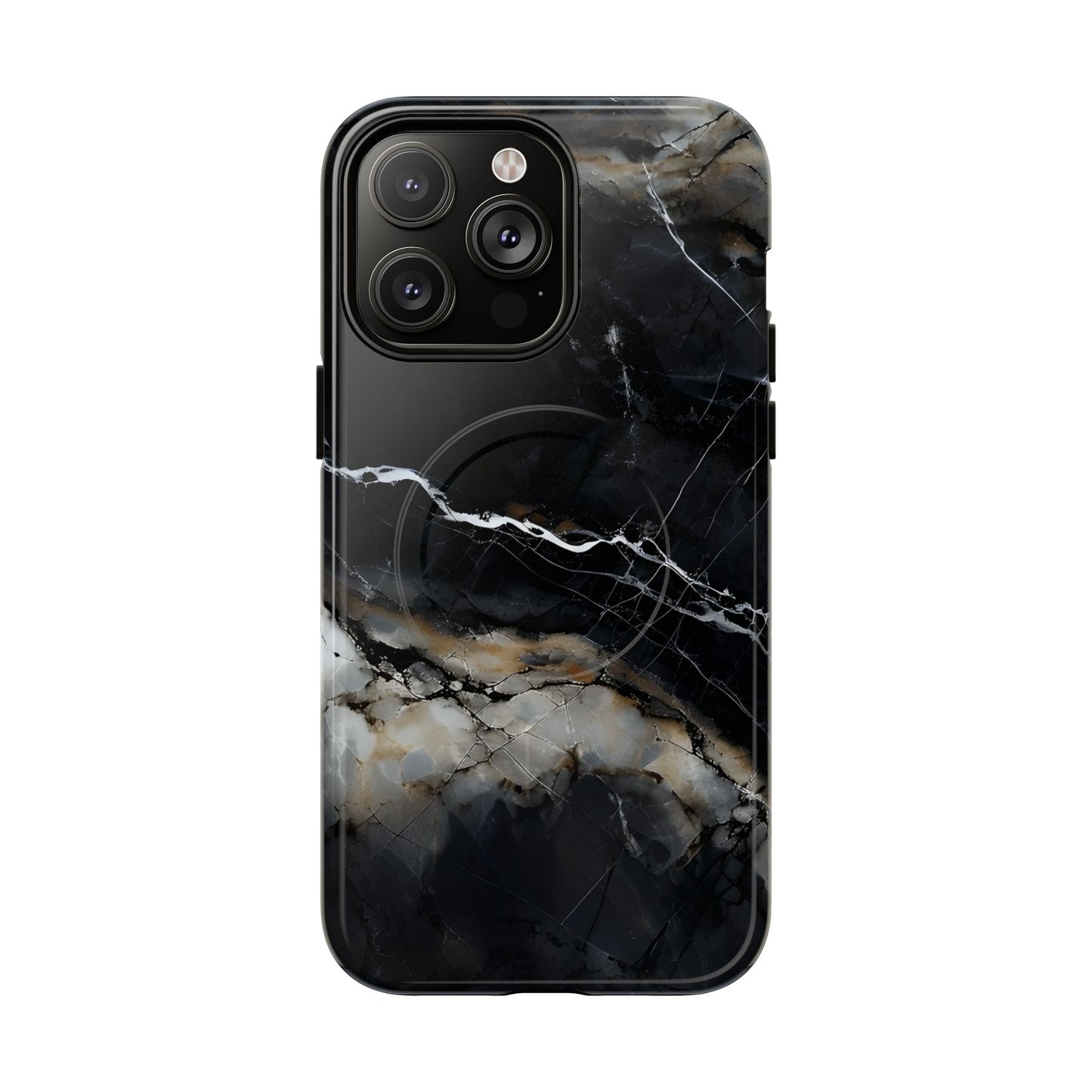 Obsidian Vein black marble iPhone 14 Pro Max MagSafe case featuring dark stone textures with dramatic gold and white vein accents.