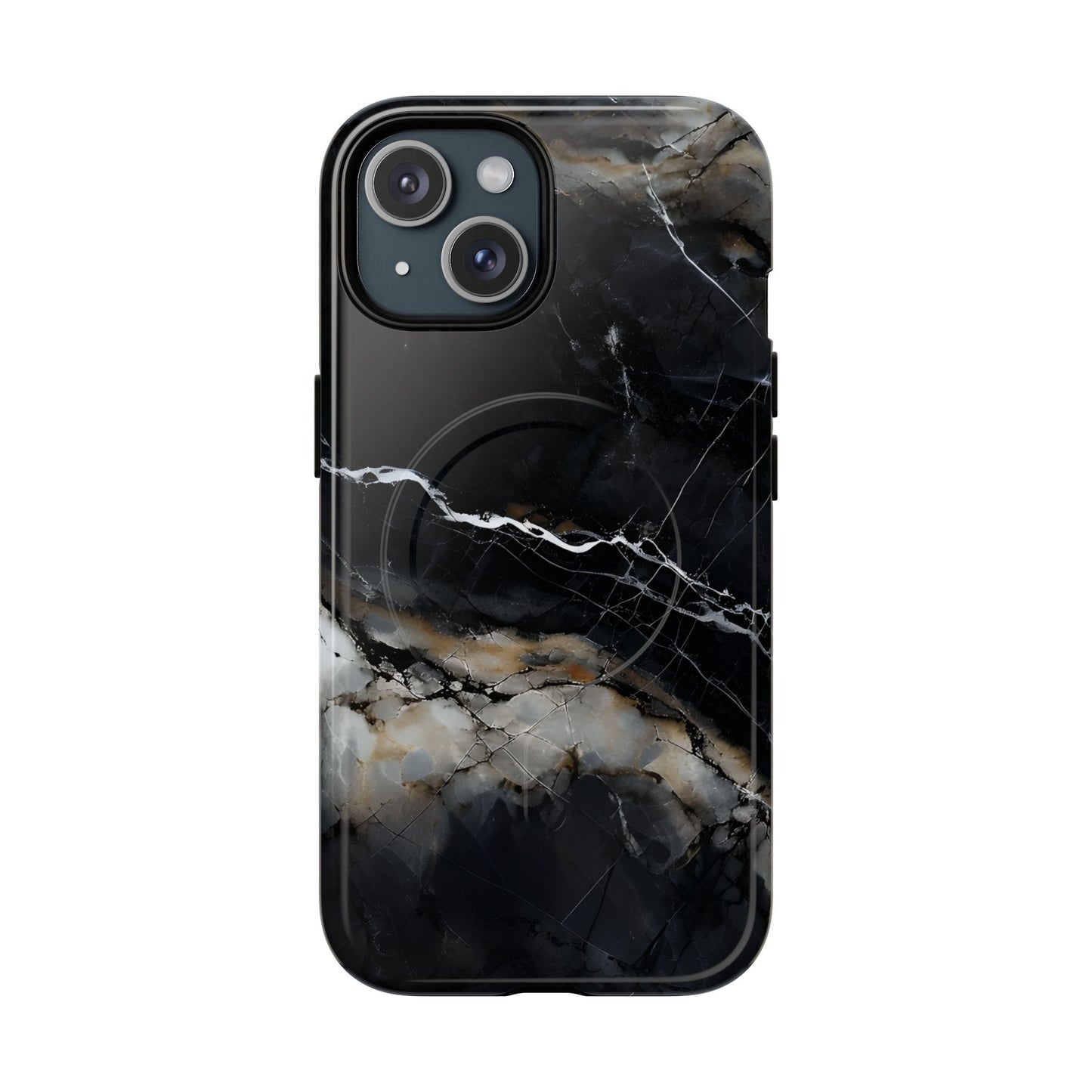 Obsidian Vein black marble iPhone 15 MagSafe case featuring dark stone textures with dramatic gold and white vein accents.