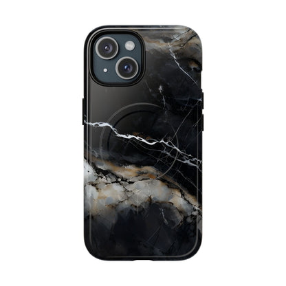 Obsidian Vein black marble iPhone 15 MagSafe case featuring dark stone textures with dramatic gold and white vein accents.