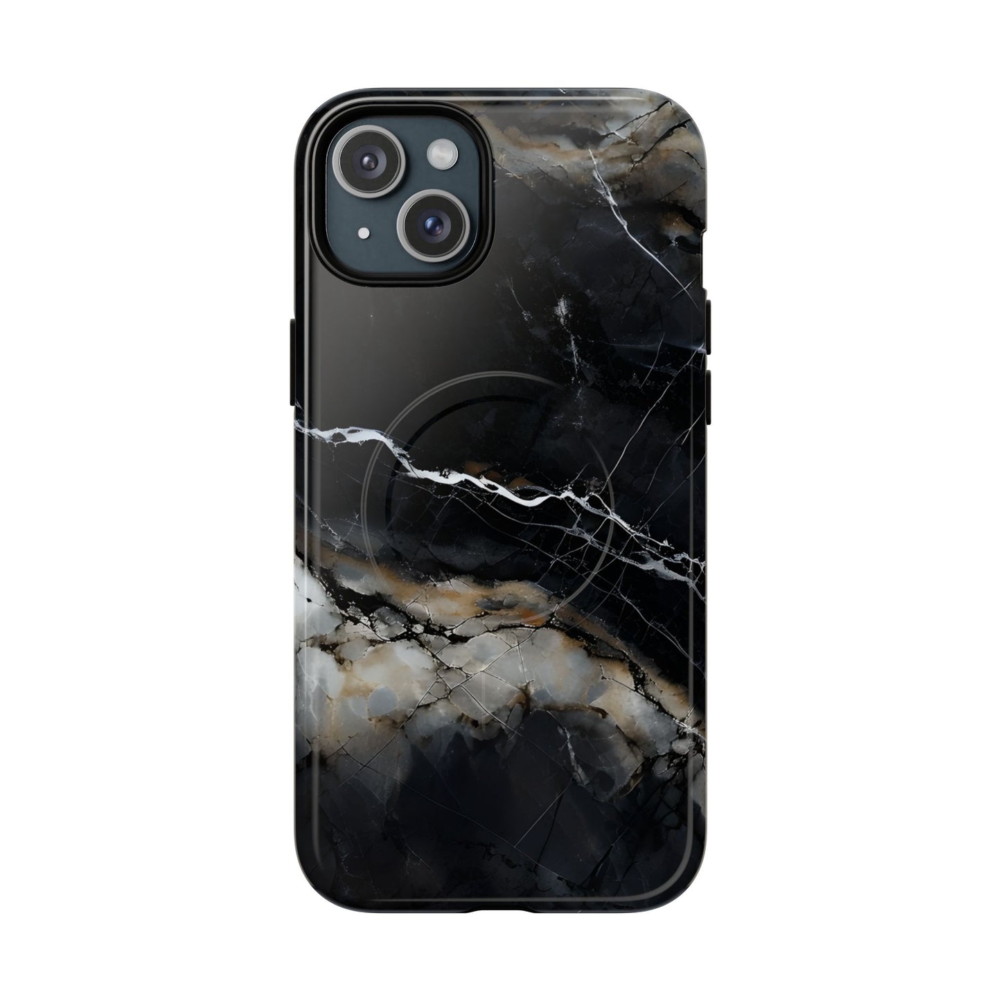 Obsidian Vein black marble iPhone 15 Plus MagSafe case featuring dark stone textures with dramatic gold and white vein accents.