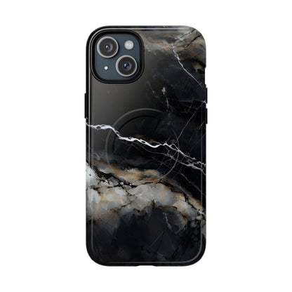 Obsidian Vein black marble iPhone 15 Plus MagSafe case featuring dark stone textures with dramatic gold and white vein accents.