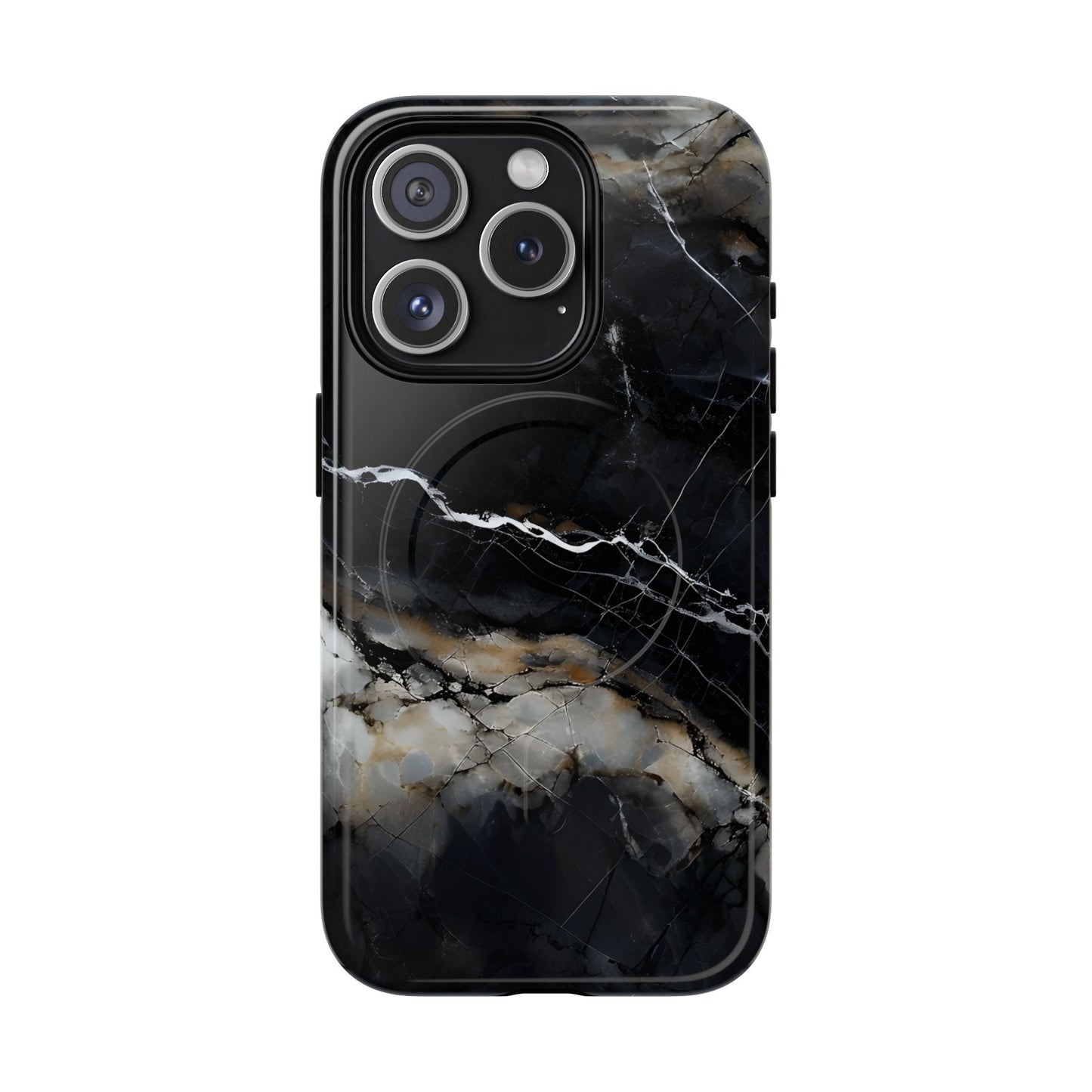 Obsidian Vein black marble iPhone 15 Pro MagSafe case featuring dark stone textures with dramatic gold and white vein accents.