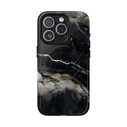 Obsidian Vein black marble iPhone 15 Pro MagSafe case featuring dark stone textures with dramatic gold and white vein accents.