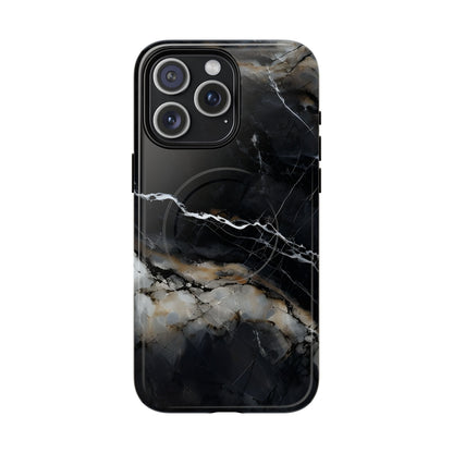 Obsidian Vein black marble iPhone 15 Pro Max MagSafe case featuring dark stone textures with dramatic gold and white vein accents.