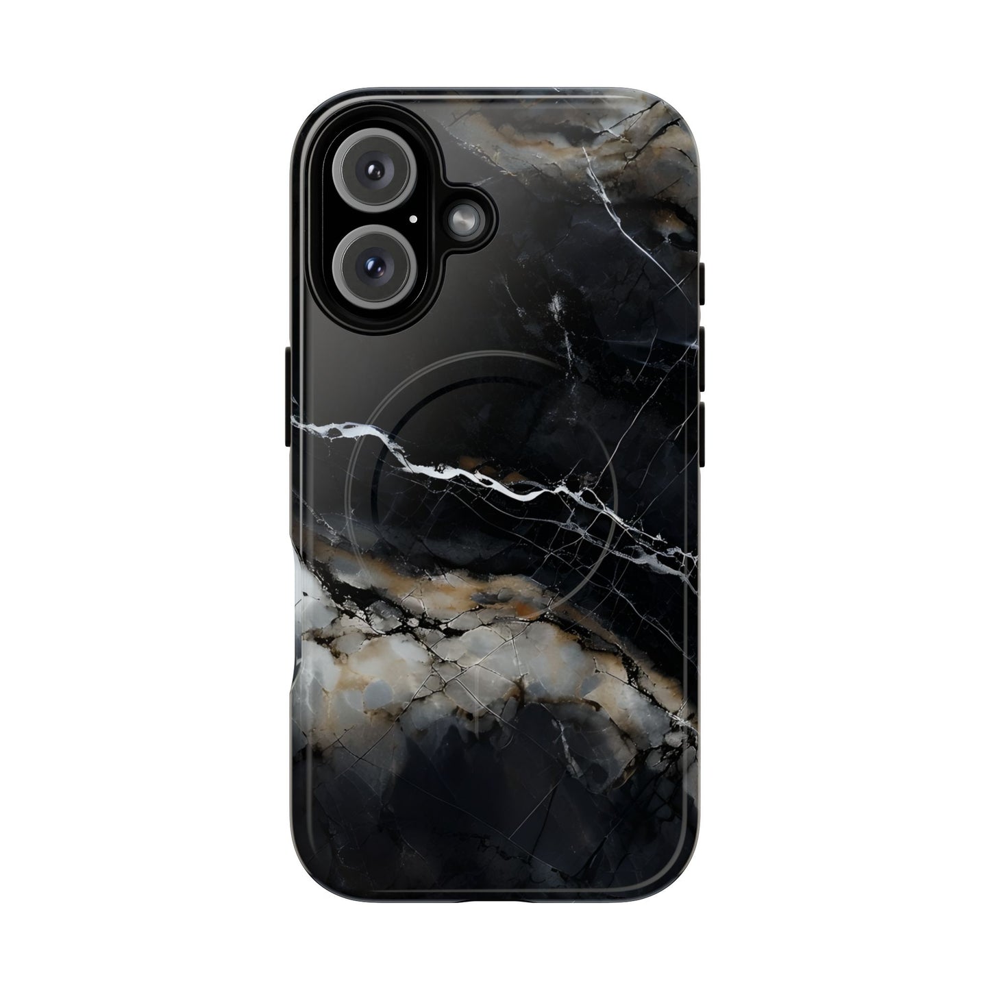 Obsidian Vein black marble iPhone 16 MagSafe case featuring dark stone textures with dramatic gold and white vein accents.